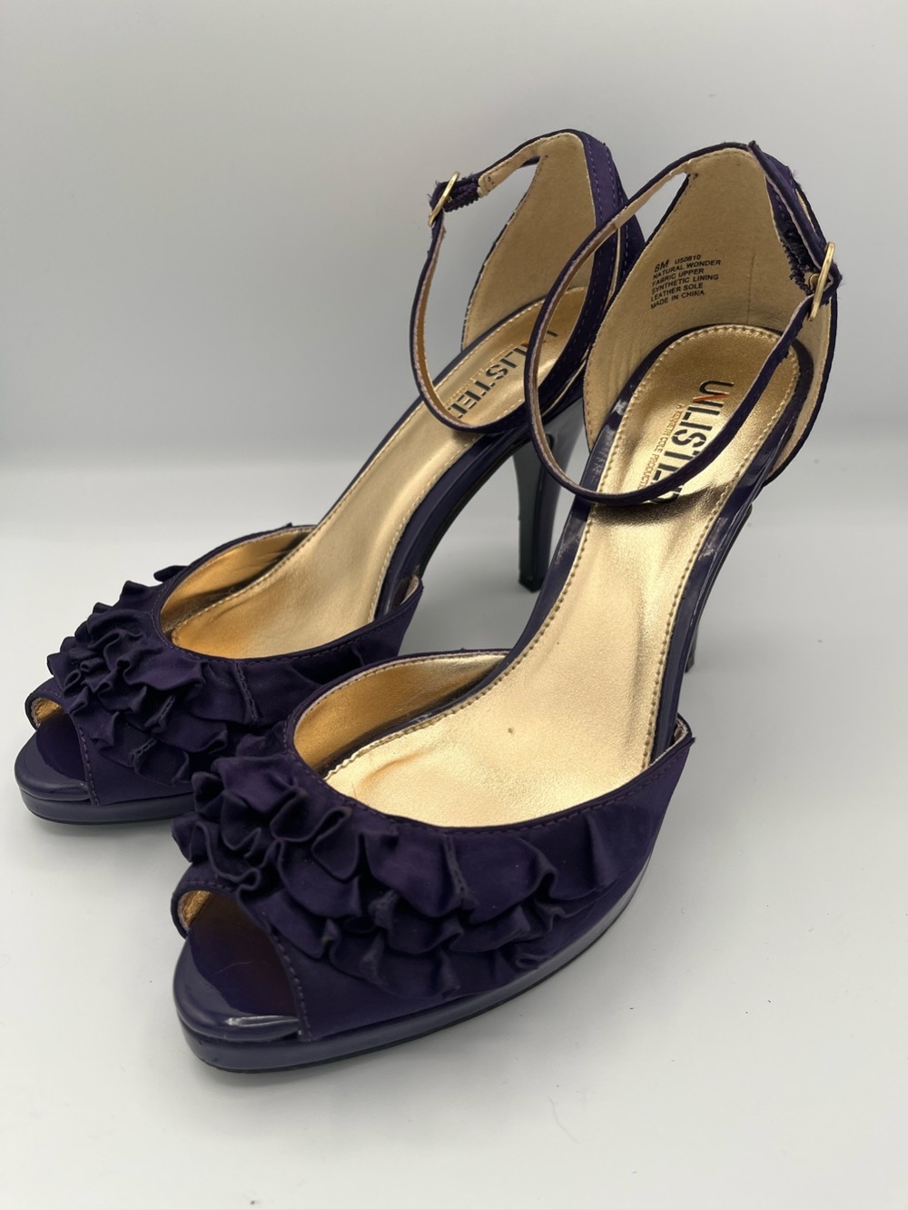 Unlisted by Kenneth Cole Y2K Purple Satin Ruffle Peep Toe Ankle Strap High Heel